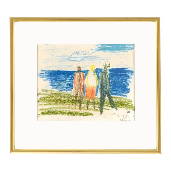 Jens Søndergaard, 1895-1957, drawing, chalk on paper. Three persons at the ocean. Signed. Visible size: 24x30cm. With frame: 41,5x45,5cm
