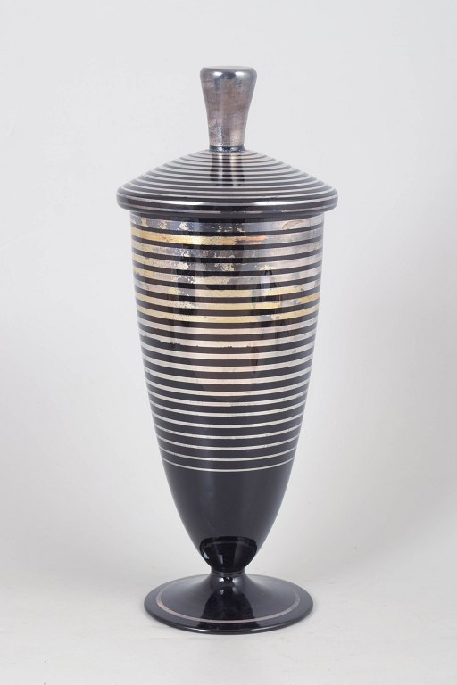 Tysk art deco glas lågurne med sølvindlæg.