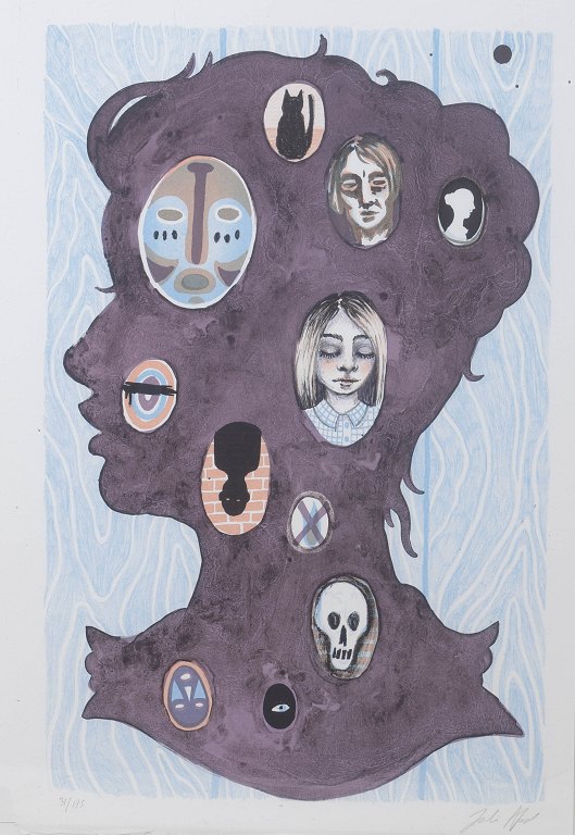 Julie Nord, colour lithograph, listed Danish artist.