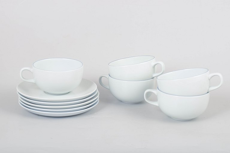 Grethe Meyer for Royal Copenhagen, set of five Blue Line coffee cups with matching saucers.