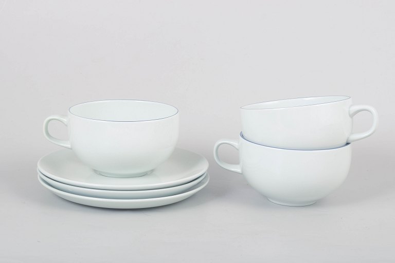 Grethe Meyer for Royal Copenhagen, set of three Blue Line teacups with matching saucers.