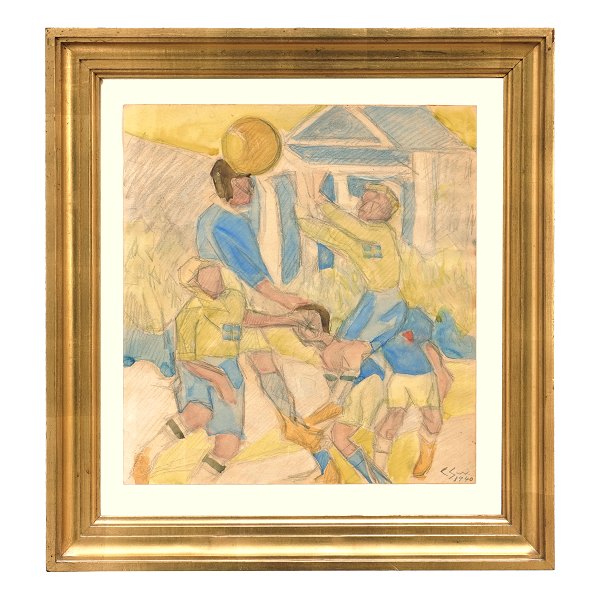 Christine Swane mixed media. Christine Swane, 1876-1960, blyant og akvarel. Motiv i form af fodboldspillere signeret og dateret 1940. Lysmål: 32,5x30cm. Med ramme: 46x42,5cm