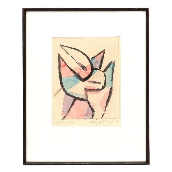 Arne Haugen Sørensen, b. 1932, etching with water color. Signed and dated 1986. Visible size: 27x20cm. with frame: 48x37cm
