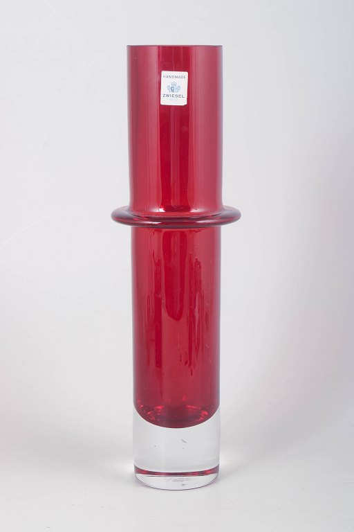 Zwiesel, handmade ruby red glass vase.