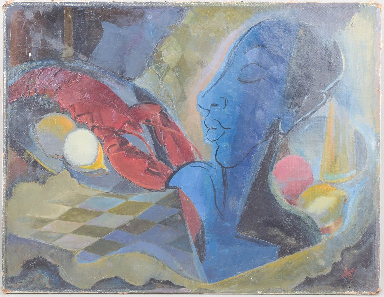 Orla Muff, Composition with figure and lobster, listed Danish visual artist.
